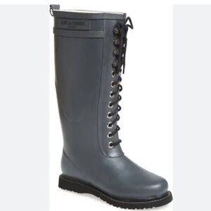 ILSE JACOBSEN Handmade Tall Gray Lace Up Rubber Boots Rainboots 37 6.5 7 Winter